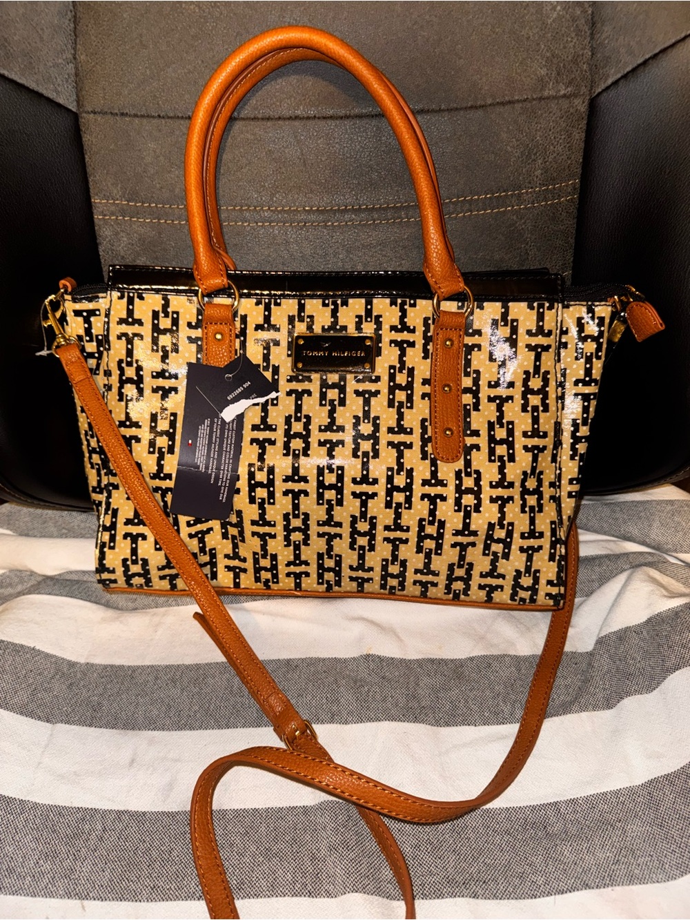 Tommy Hilfiger Tan and Black Monogram Satchel with Tan Leather Trim